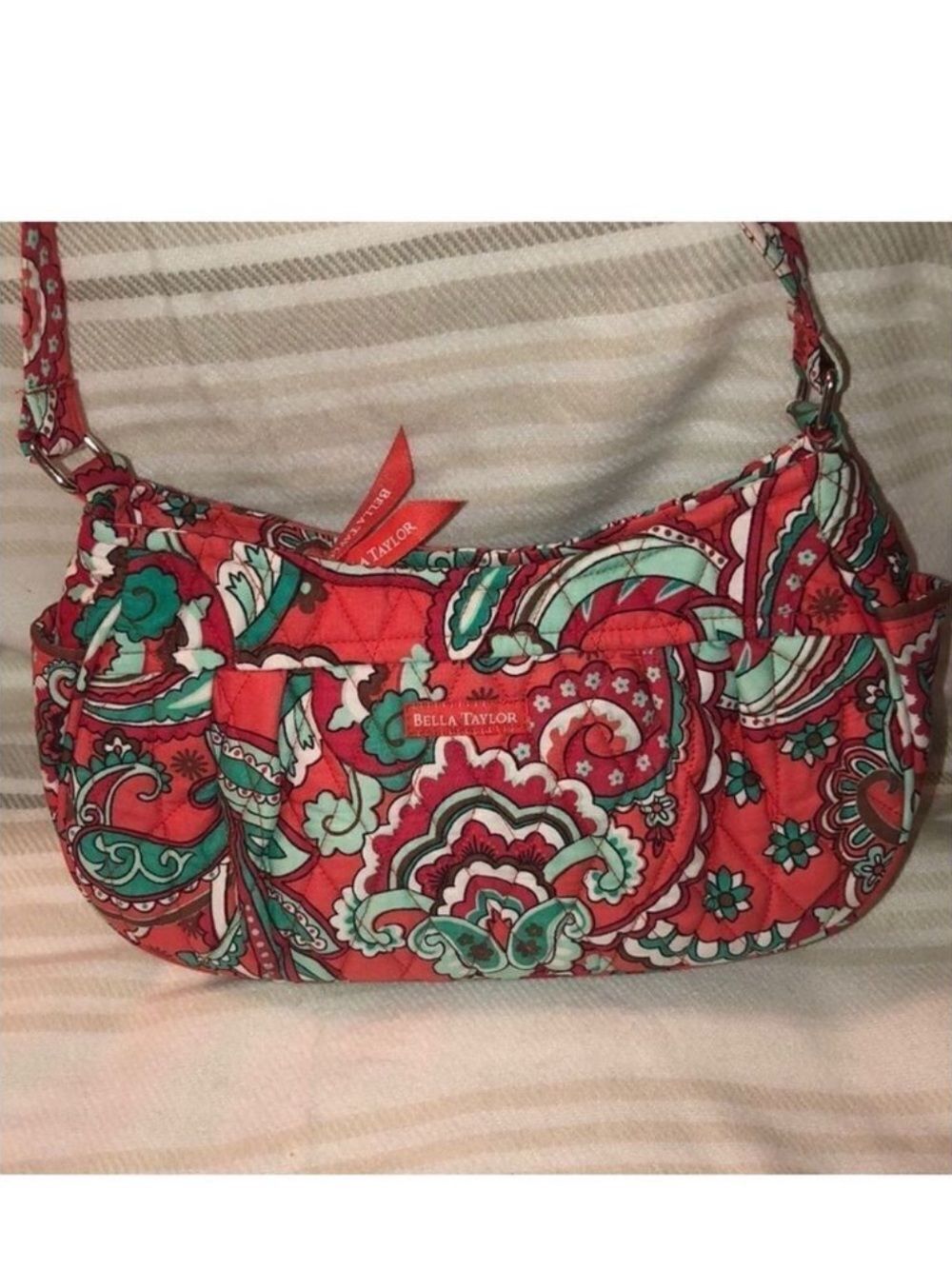 Bella Taylor Paisley Quilted Coral Green White Small Shoulder Hobo Bag Purse